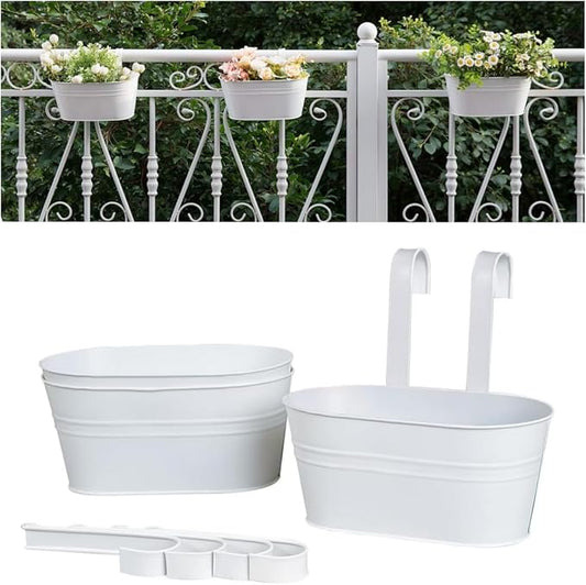 3 Pack Metal Iron Plant Pot Holders Balcony Garden Plant Planter Baskets Fence Bucket Pot Bucket Flower Holders Wall Hanging Decor Pot with Detachable Hooks