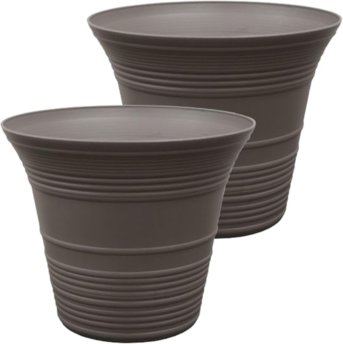 The HC Companies 12 Inch Sedona Round Self Watering Planter Pots, Lightweight UV-Resistant Plastic Indoor & Outdoor Planters, 2-Pack Flower Pots for Garden & Home Decor, Cappuccino
