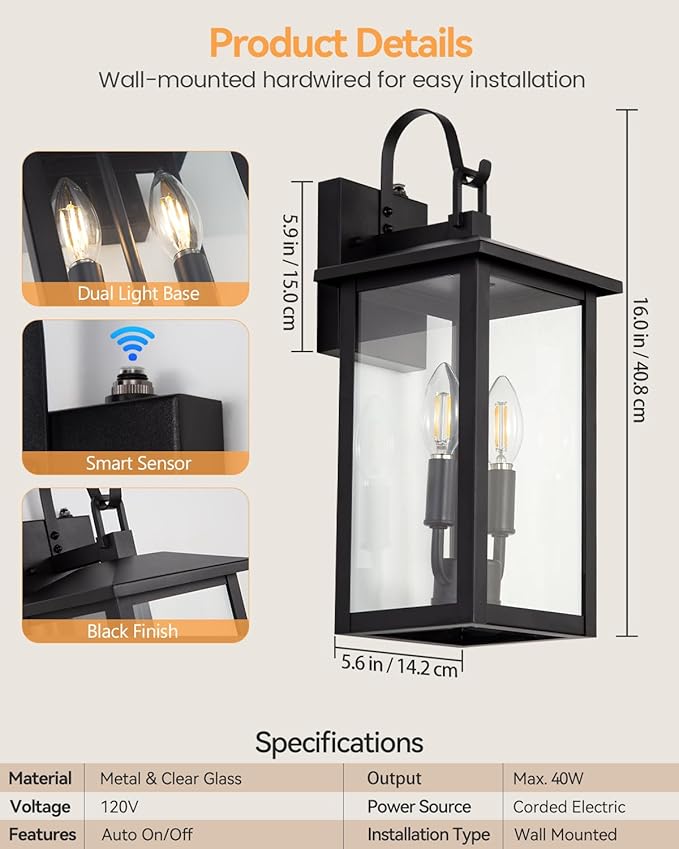 Dusk to Dawn Outdoor Wall Lights 2 Pack, Black Exterior Light Fixture with Photocell Sensor, Outdoor Sconce Lights with E12 Base, Waterproof Wall Lantern for Porch Garage Patio, Bulb Not Included