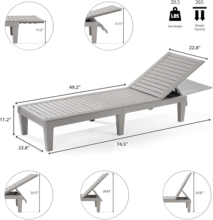 Nestl Sun Tanning Chair - Light Grey Chaise Lounge Chair Outdoor, Lightweight Pool Lounge Chairs Set of 2, Adjustable 5-Position Reclining Lawn Chair, Waterproof Beach Outdoor Lounge Chairs