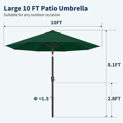PatioKingdom 10FT Patio Umbrella with Push Button Tilt and Crank, Outdoor Market Umbrella with 8 Fiberglass Ribs, UV Protection Table Umbrella for Pool,Backyard,Garden,Deck(Dark Green, 10FT)