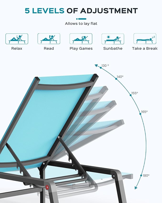 Ciokea Patio Chaise Lounge Chair Set of 2, Foldable Lounge Chairs for Outside, Aluminum Chairs with 5 Adjustable Backrest, Outdoor Pool Lounger for Lawn, Poolside, Deck, Lake Blue