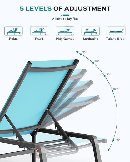 Ciokea Patio Chaise Lounge Chair Set of 2, Foldable Lounge Chairs for Outside, Aluminum Chairs with 5 Adjustable Backrest, Outdoor Pool Lounger for Lawn, Poolside, Deck, Lake Blue