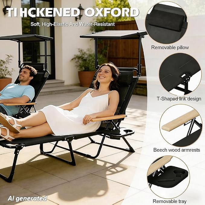 Folding Lounge Chair with Adjustable Canopy, Portable Sun Lounger with 4-Position Reclining Back, Outdoor Chaise Lounge with Arms, Tanning Chair for Beach Poolside Backyard Camping, 440LBS (Black B)