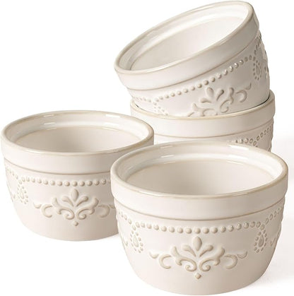 Artena Ramekins Oven Safe, Creme Brulee Ramekins, Embossed White Ceramic Ramiken, Souffle Pudding Custard Cups, Baking Dish, Dipping Bowls, Sauce Cups, Set Of 4 (8 oz, Damask Floral)