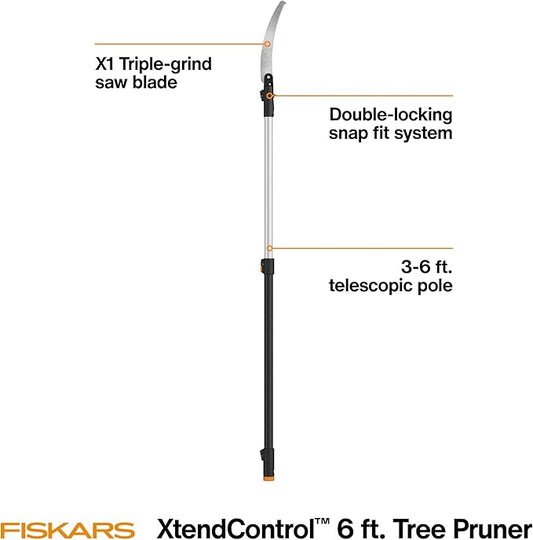 Fiskars XtendControl Extendable Tree Pruner (14 ft), Pole Saw, Adjustable Branch Trimmer with 15" X2 Hook Bill Saw, 3-6 ft & 4-8 ft Extension Poles, and Secure Locking System for Precision Cutting