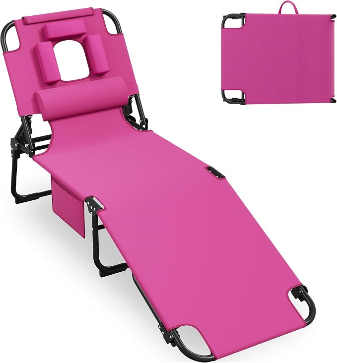 400lbs Tanning Chair with Face Hole, 5-Position Folding Chaise Lounge Chair with Side Pockets, Portable Beach Lounge Chair for Outdoor Sunbathing Patio Pool Lawn, Pink