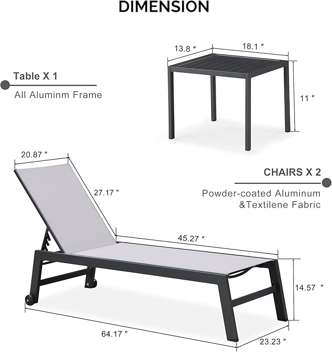 PURPLE LEAF Patio Chaise Lounge Set 2 Pieces Textilene Pool Lounge Chairs with Wheels Sunbathing Chair with 5 Adjustable Position for Outdoor Yard (2 Light Grey Lounges W/Side Table)