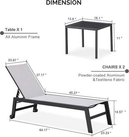 PURPLE LEAF Patio Chaise Lounge Set 2 Pieces Textilene Pool Lounge Chairs with Wheels Sunbathing Chair with 5 Adjustable Position for Outdoor Yard (2 Light Grey Lounges W/Side Table)