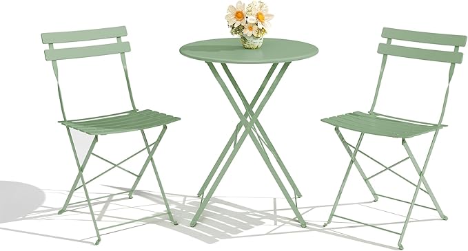 GarveeLife 3-Piece Folding Bistro Set, Foldable Patio Furniture Set with Premium Frame, Outdoor Bistro Table and Chairs Set of 2 for Patio, Garden and Balcony, Green