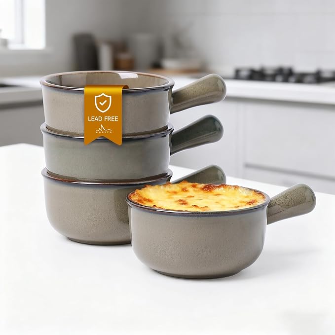 MONITO 16 Oz French Onion Soup Bowls, Ceramic Soup Bowls with Handles, Stackable Soup Crocks Oven Safe for Chili, Beef Stew, Cereal,Casseroles Microwave & Dishwasher Safe, Set of 4, Brown Green