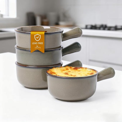 MONITO 16 Oz French Onion Soup Bowls, Ceramic Soup Bowls with Handles, Stackable Soup Crocks Oven Safe for Chili, Beef Stew, Cereal,Casseroles Microwave & Dishwasher Safe, Set of 4, Brown Green