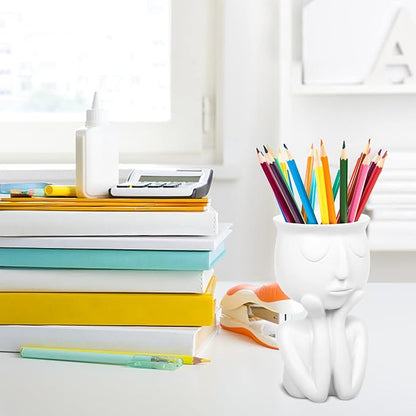 Simple and Creative Decorative Flower Pots, Resin Face Planter Pots, Vase for Small Succulent, Flower Pot Pencil Pen Holder, Minimalist Decorative, Modern Vases for Home Office Shelf Decor (White)