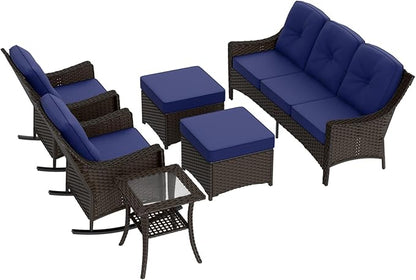 COOS BAY Stone Harbor Wicker Outdoor Furniture Set, All Weather Patio Conversation Sets, Rattan Outdoor Sofa Set, Rocking Chairs, Couch, Ottomans, and Side Table, 6 Pieces, Brown/Blue