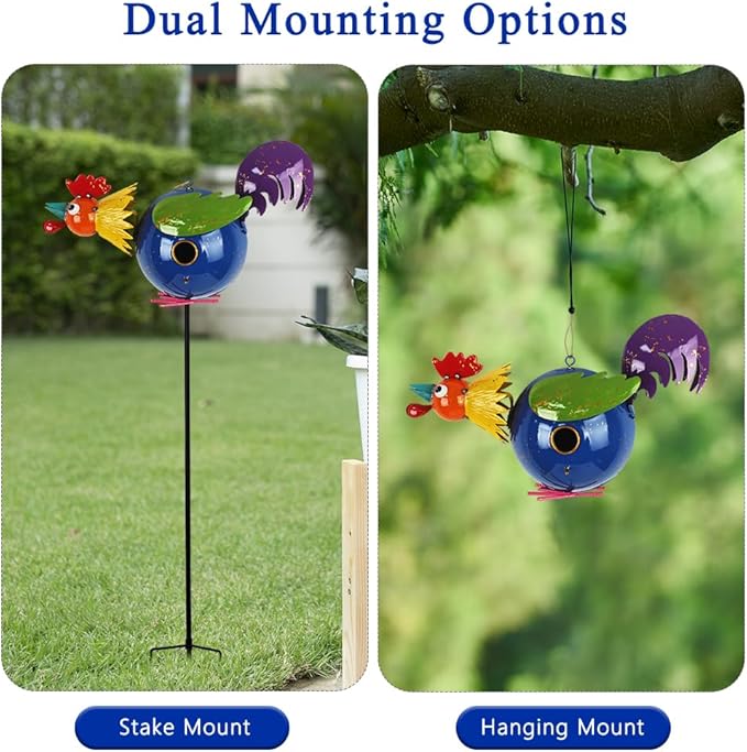 37" Bird Houses for Outside, Outdoor Metal Rooster Birdhouse with Hanging String & Poles for Patio, Yard, Garden