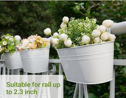3 Pack Metal Iron Plant Pot Holders Balcony Garden Plant Planter Baskets Fence Bucket Pot Bucket Flower Holders Wall Hanging Decor Pot with Detachable Hooks