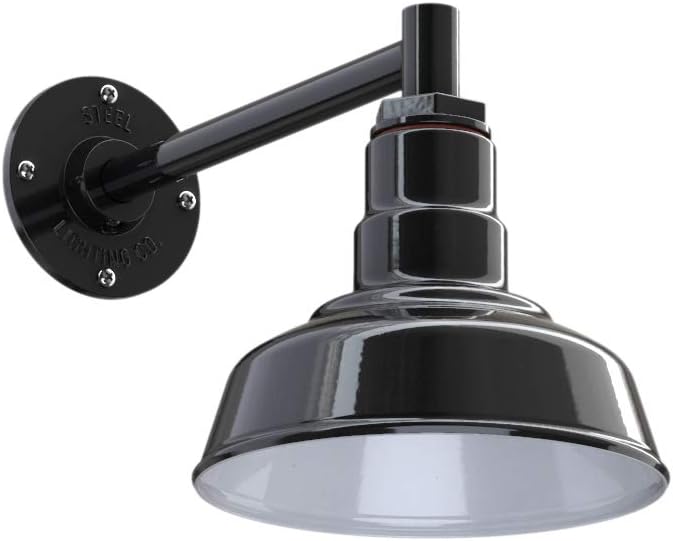 Steel Lighting Co. | Dusk to Dawn | Hawthorne Barn Light | Outdoor Wall Mounted | 8 in Dome | 11 inch Straight Arm| Small Farmhouse Light Made in America | Black Exterior/White Interior