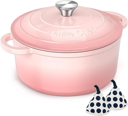 Umite Chef Enameled Cast Iron Dutch Oven-7QT Pot with Lid Cookbook & Cotton, Heavy-Duty Cookware for for Bread Baking, Braising, Stews, Marinate, Cook(Pink)