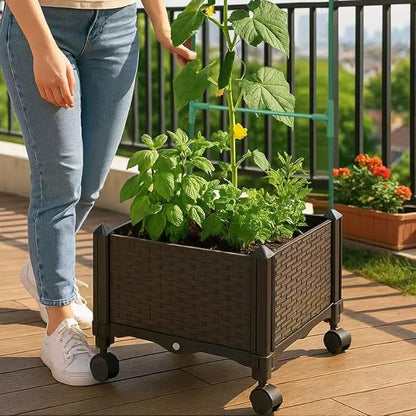Sherbo Raised Garden Bed Planter Box on Wheels with Trellis, Rattan Style Raised Planter for Outdoor Plants, Compact Mobile Planter Box for Patio or Balcony