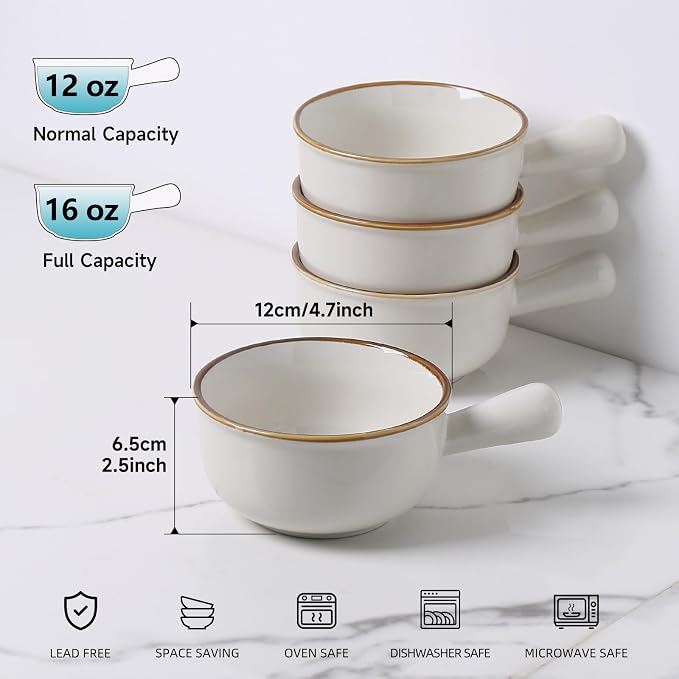 MONITO 16 Oz French Onion Soup Bowls, Ceramic Soup Bowls with Handles, Stackable Soup Crocks Oven Safe for Chili, Beef Stew, Cereal,Casseroles Microwave & Dishwasher Safe, Set of 4, White