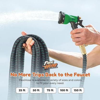 Flexi Hose with 8 Function Nozzle, 50FT - Lightweight Expandable Garden Hose, No-Kink Flexibility, 3/4 Inch Solid Brass Fittings and Double Latex Core - Black and Green