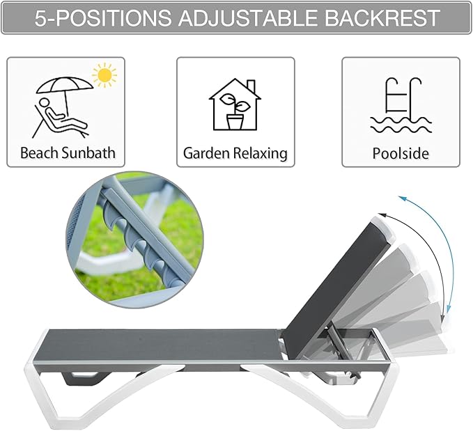 Domi Outdoor Chaise Lounge, Adjustable Aluminum Patio Lounge, Plastic Pool Lounge Chair for Deck Lawn Backyard (1 Grey Chair W/O Table)