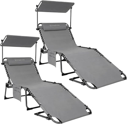 KingCamp 2 Pack Tanning Chair with Face Hole, Lounge Chairs Outdoor Folding Portable Comfy Adjustable 5-Position Foldable Chaise Chaser with Canopy Shade for Outside Beach Patio, Grey
