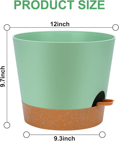 YNNICO 12 Inches Indoor Self Watering Planters with Drainage Holes and Saucers, 4 Pack (Green)