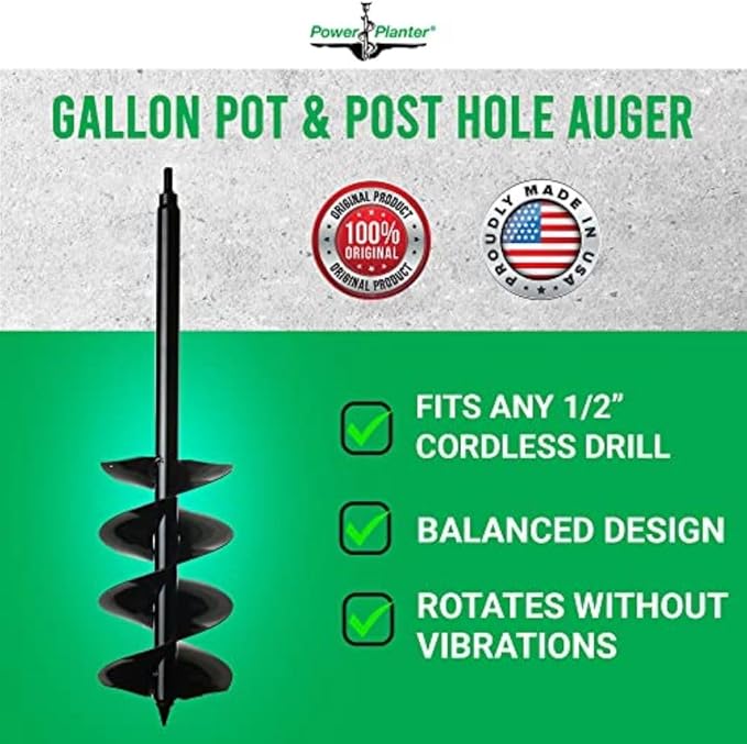 Power Planter Auger Drill Bit Extension 7" x 28" with 1/2" Non-Slip Hex Drive — Garden Auger for Planting Gallon Potted Plants and Post Holes — Garden Digging Tool for Dirt, Sand, Soil & Clay