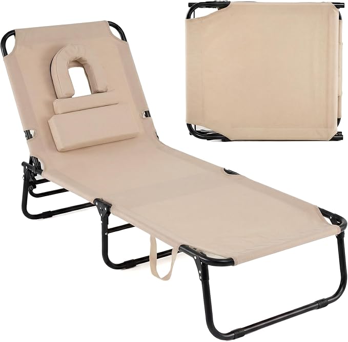 GYMAX Tanning Chair, 330lbs Beach Lounge Chair with Face Hole, Detachable Washable Pillow & Carry Strap, Adjustable Folding Chaise Lounge, Layout Chair for Outside, Patio, Poolside, Lawn (1, Beige)