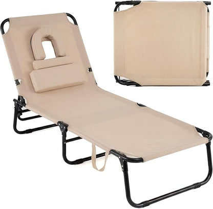 GYMAX Tanning Chair, 330lbs Beach Lounge Chair with Face Hole, Detachable Washable Pillow & Carry Strap, Adjustable Folding Chaise Lounge, Layout Chair for Outside, Patio, Poolside, Lawn (1, Beige)