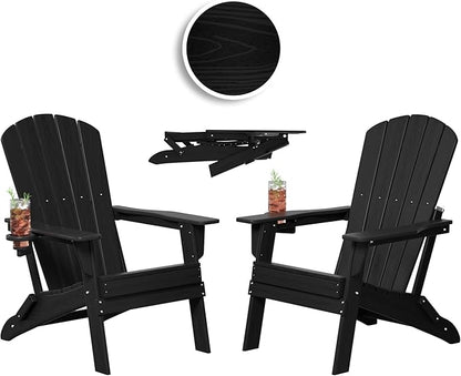 Plawdlik Folding Adirondack Chair, Cup Holder, SGS Tested, Wooden Textured，Heavy All-Weather HDPE Comfortable Set Poolside Backyard Lawn Black Set 2