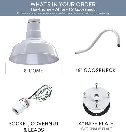 Steel Lighting Co. | Dusk to Dawn | Hawthorne Barn Light | Outdoor Wall Mounted | 8 in Dome | 16 inch Gooseneck| Small Farmhouse Light Made in America | White Exterior/White Interior