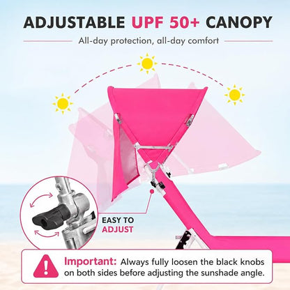 Oversized Extra Wide Tanning Chair with Sun Canopy Face Hole Padded Adjustable Washable, Heavy Duty Layout Folding Lounge Chair for Outside Beach Reading Sunbathing, UPF 50+, XL, Pink, 330 LBS