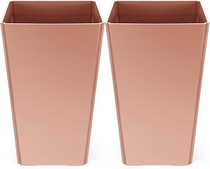 Set of 2 15.75 Inch Large Taper Planters Outdoor Indoor Tall Resin Flower Pots with Drainage Holes Modern for Front Door Patio Backyard Plants (Gold Pink)