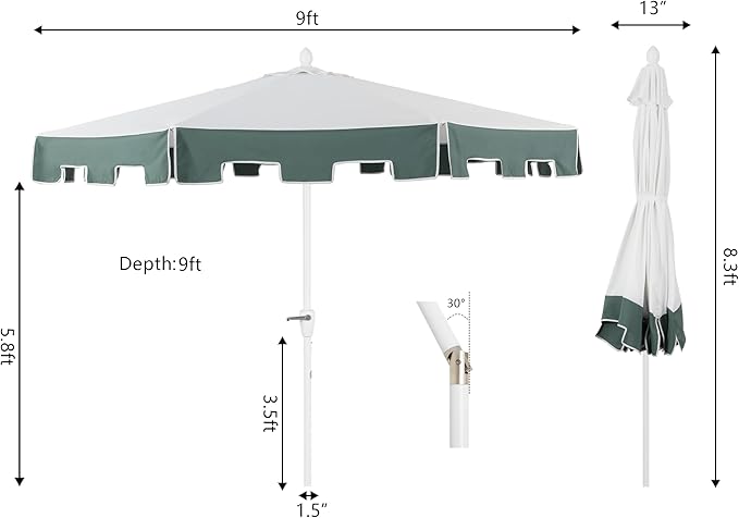 JONATHAN Y UMB1000D Baiona 9 ft. Classic MidCentury Market Patio Umbrella with UV Protection, Auto-Tilt, Crank and Wind Vent in White/Green