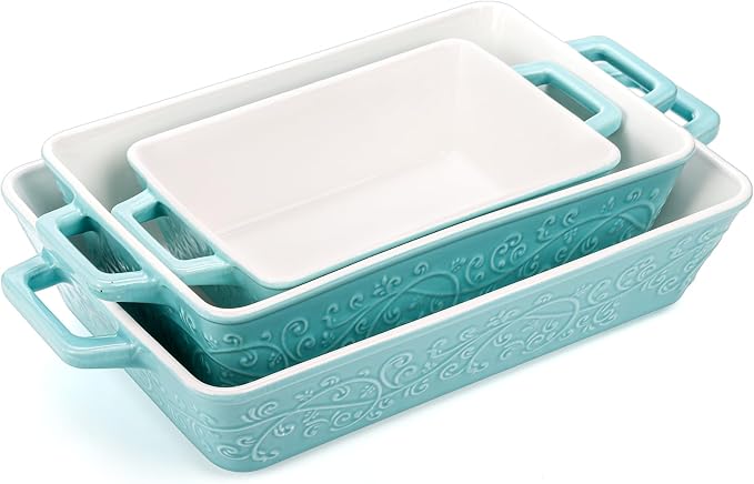 Okllen Set of 3 Casserole Dishes for Oven, Ceramic Baking Dishes with Handles, Rectangular Lasagna Pan Bakeware Set for Baking Cooking, Roasting, Broiling, Gratin, Wedding & Housewarming Gift, Blue