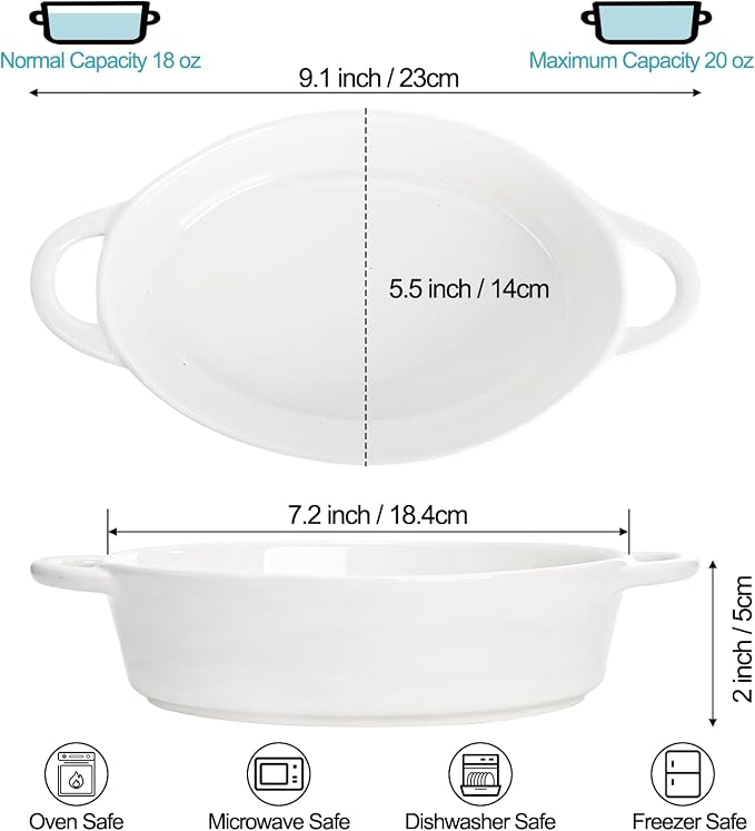 Foraineam 6 Pack 20 oz Oval Au Gratin Baking Dishes with Handles, Porcelain Casserole Dish Single Serving Ramekins for Oven & Microwave Cooking and Baking, 7.2" x 5.5", Oven Safe Roasting Lasagna Pan
