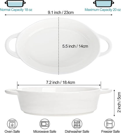 Foraineam 6 Pack 20 oz Oval Au Gratin Baking Dishes with Handles, Porcelain Casserole Dish Single Serving Ramekins for Oven & Microwave Cooking and Baking, 7.2" x 5.5", Oven Safe Roasting Lasagna Pan