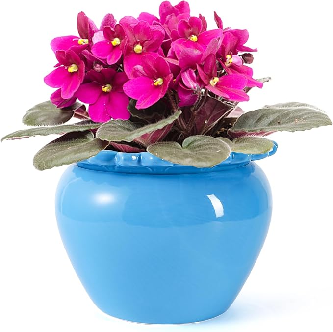 Large African Violet Pots 8 Inch Blue Ceramic Easy Plant Self Watering Pot Ceramic Flowerpot with Water Absorbing Inner Pot Orchid Planter Lawn Yard Outside Decor