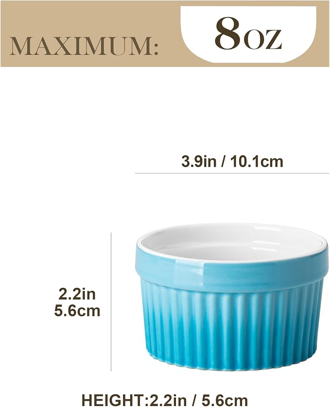 MALACASA Ramekins 8 oz Oven Safe, Large Ceramic Souffle Dishes for Baking & Serving, Stoneware Custard Cups Ramekin for Creme Brulee, Baking Bowls Set of 6, Blue, Series RAMEKIN-DISH