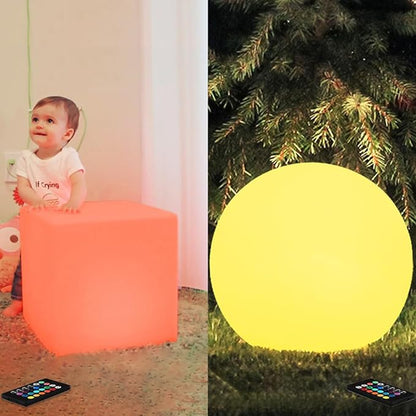 14-in LED Cube Seat & 20-in LED Globe Orb Light, Rechargeable Globe Floor Lamp Cube Chair for Kid w/Remote, Versatile Light Up Side Table Glowing Ball Lights for Home Garden Patio Lawn Party Decor