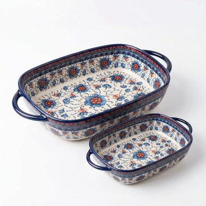 Ceramic Baking Dish with Handles, ceramic bakeware，Hand-painted Polish Pottery Baking Dish Set of 2,Baking Pan Lasagna Pan, Rectangular, Floral Pattern,baking tray Oven Safe 13.22x7.5x2.8 In (blue)