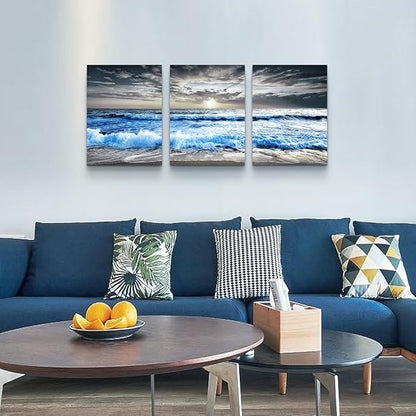 MHARTK66 3 Piece Canvas Wall Art - Blue Ocean Wave Seascape Pictures - Bedroom, Living Room, Office Wall Decor - Modern Home Decor