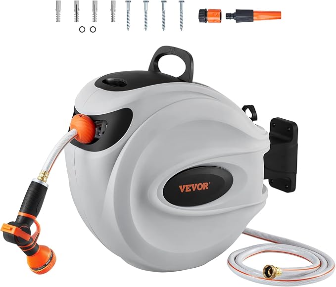 VEVOR Retractable Hose Reel, 65 ft x 5/8 inch, 180° Swivel Bracket Wall-Mounted, Garden Water Hose Reel with 9-Pattern Nozzle, Automatic Rewind, Lock at Any Length, and Slow Return System