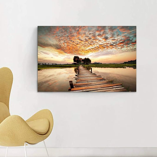Lake Pier Canvas Wall Art: Dock in Sunset Artwork Wooden Bridge Picture Boardwalk Painting for Office（36"x24"x1 panel）
