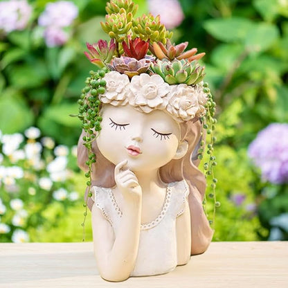 Cute Succulent Plant Pot with Drainage Hole large girl face planter pot big Resin lady head planter 11 inch tall flower vases for indoor and Outdoor plants fairy garden gift for plants lover