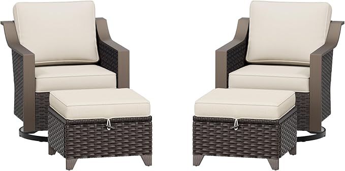 Patio Metal Swivel Chairs with Ottomans Set of 2, Conversation Furniture Set - 360 Degree Glider Rocker Chairs | 2 Wicker Ottomans, Washable Cushions (Beige and Brown Stripe)