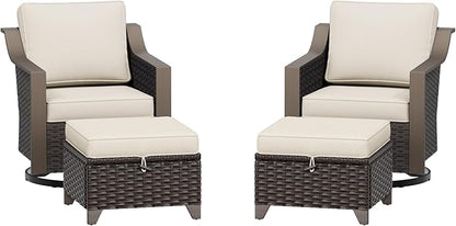 Patio Metal Swivel Chairs with Ottomans Set of 2, Conversation Furniture Set - 360 Degree Glider Rocker Chairs | 2 Wicker Ottomans, Washable Cushions (Beige and Brown Stripe)