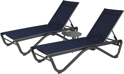 Kozyard Outdoor Chaise Lounge Chair, All Aluminum Frame and Textilene Fabric, Fully Flat Adjustable Reclining Patio Lounger for Poolside, Sunbathing & Backyard (NavyBlue, 2Chairs + Table)